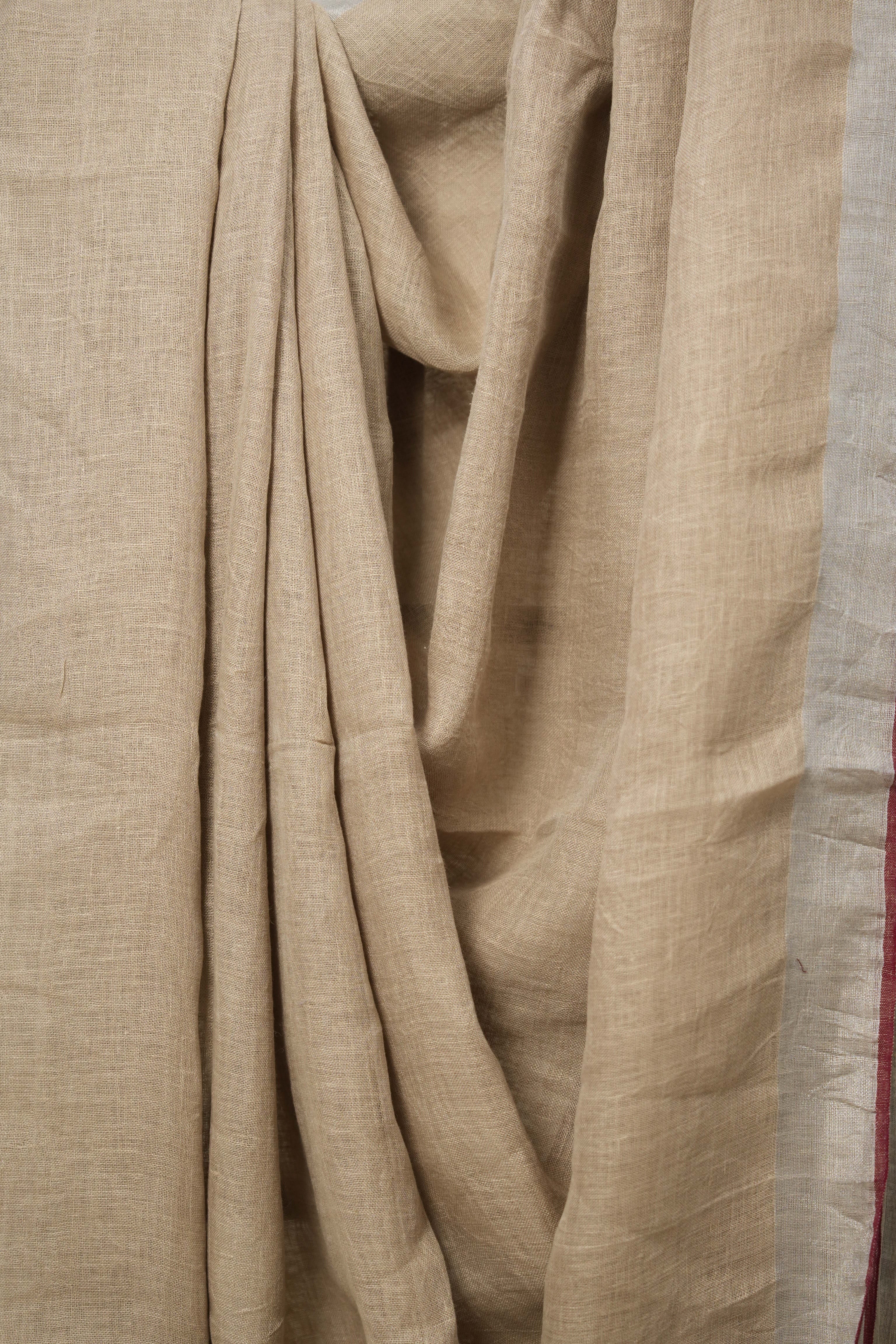 Wheat Gold Plain Linen Saree With Maroon Tassels - SRWGPLS332