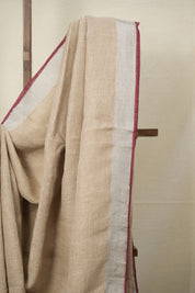 Wheat Gold Plain Linen Saree With Maroon Tassels - SRWGPLS332