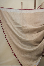 Wheat Gold Plain Linen Saree With Maroon Tassels - SRWGPLS332