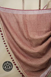 Wheat Gold Plain Linen Saree With Maroon Tassels - SRWGPLS332