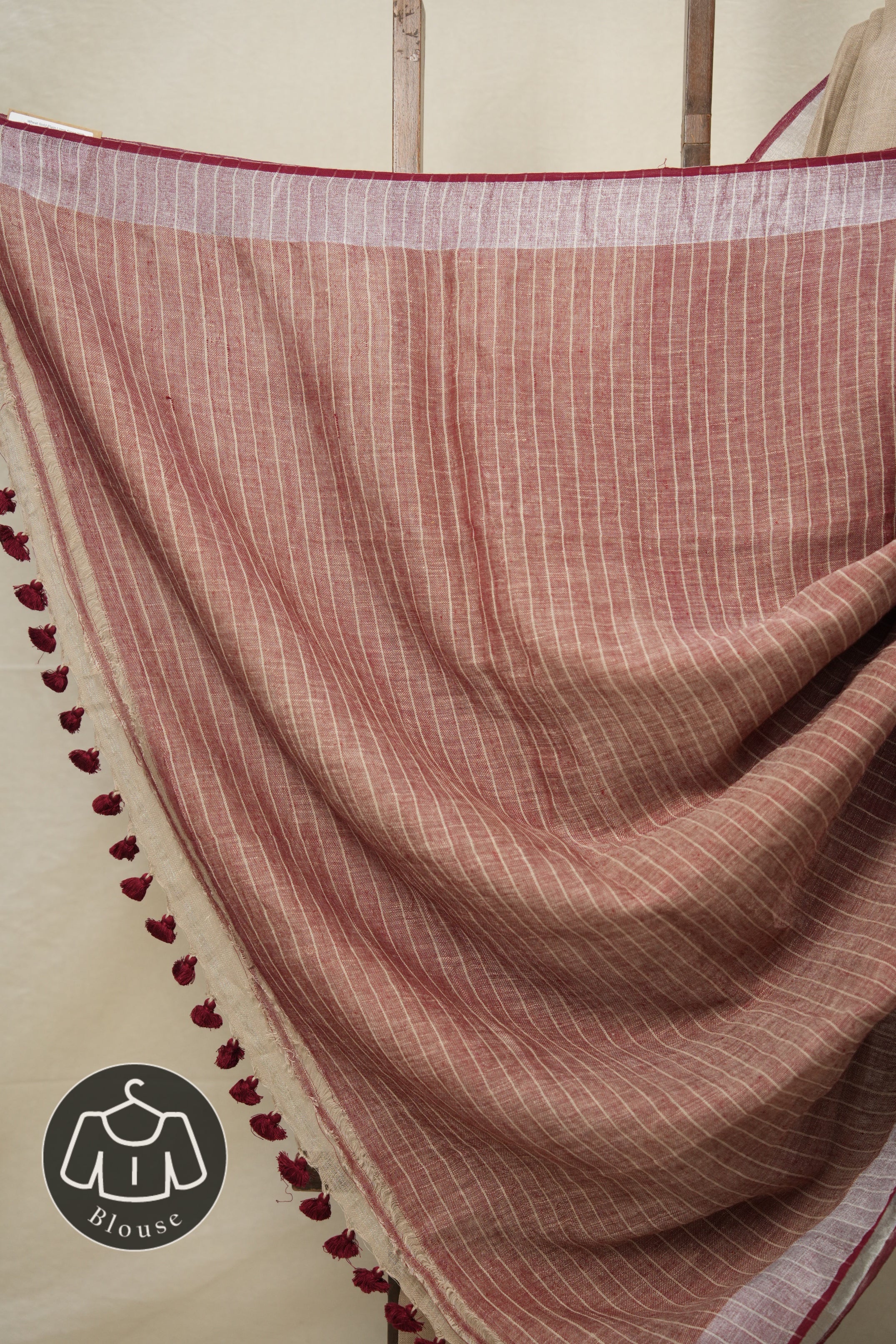 Wheat Gold Plain Linen Saree With Maroon Tassels - SRWGPLS332