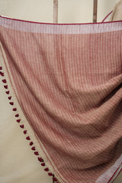 Wheat Gold Plain Linen Saree With Maroon Tassels - SRWGPLS515