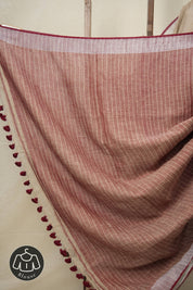 Wheat Gold Plain Linen Saree With Maroon Tassels - SRWGPLS515