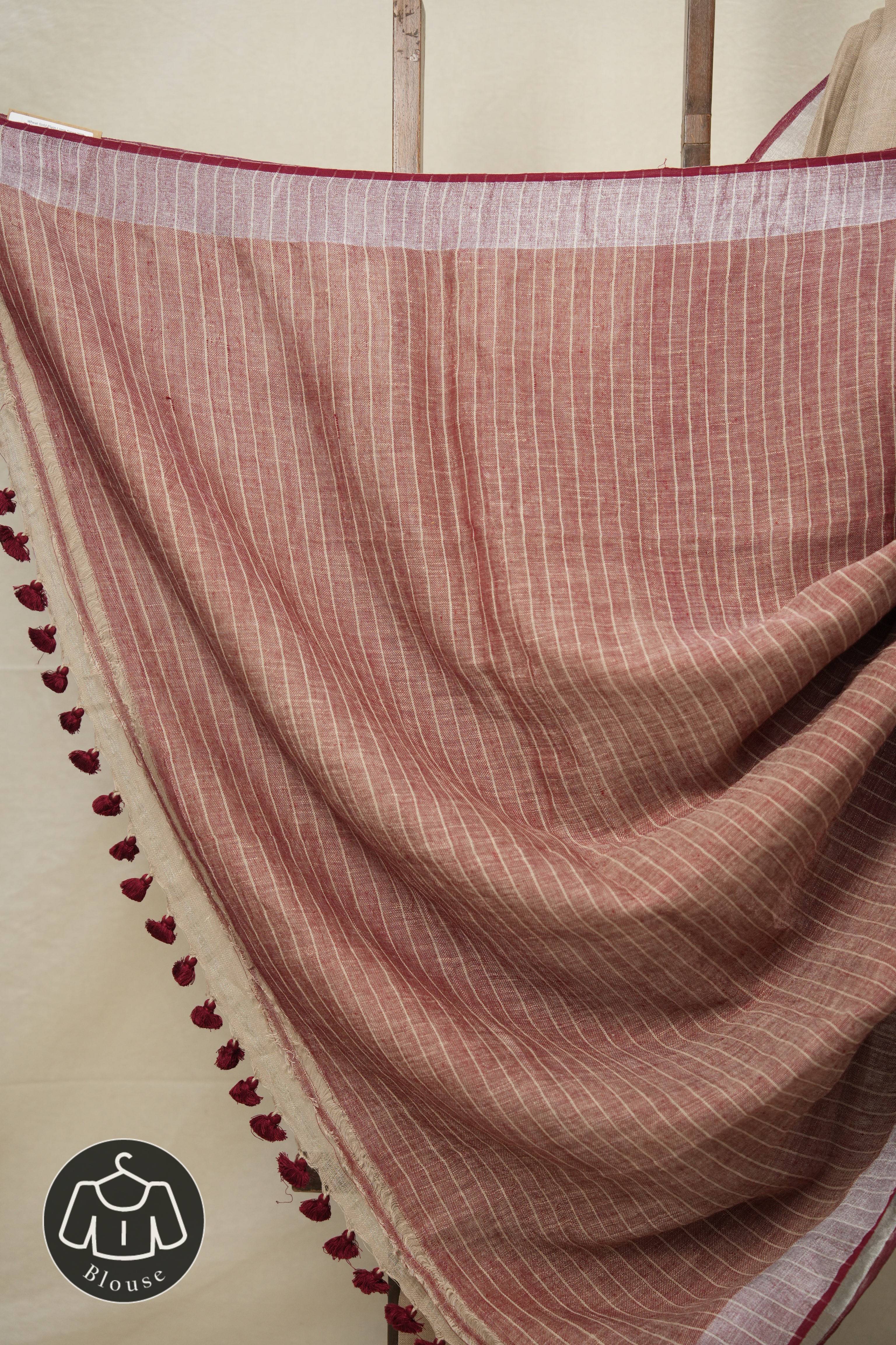 Wheat Gold Plain Linen Saree With Maroon Tassels - SRWGPLS515