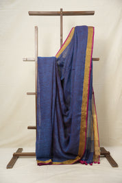 Indigo Gold Plain Linen Saree With Pink Tassels - SRIGPLS333