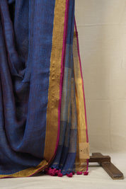 Indigo Gold Plain Linen Saree With Pink Tassels - SRIGPLS333