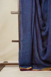 Indigo Gold Plain Linen Saree With Pink Tassels - SRIGPLS333