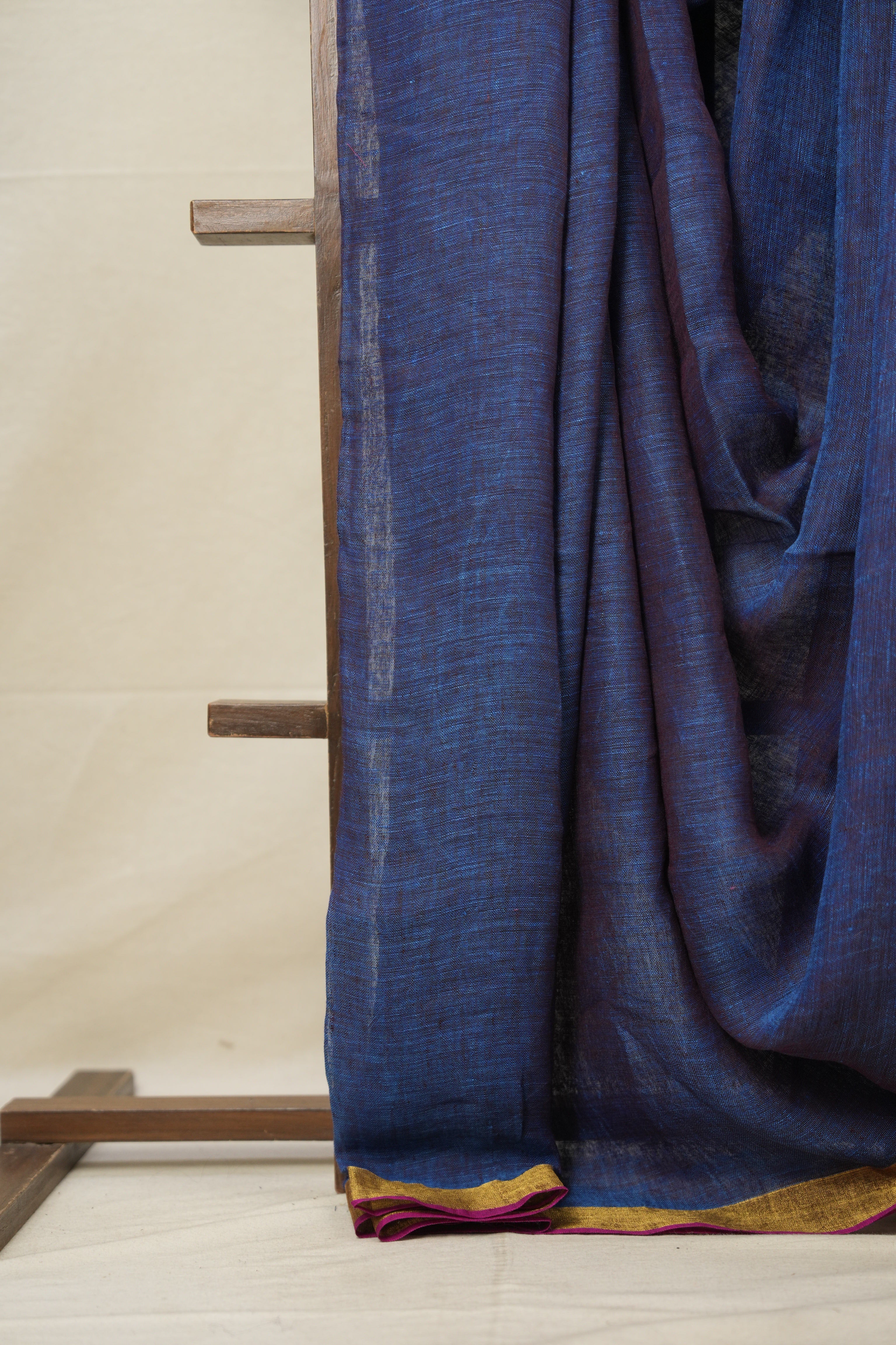 Indigo Gold Plain Linen Saree With Pink Tassels - SRIGPLS333