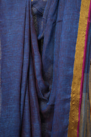 Indigo Gold Plain Linen Saree With Pink Tassels - SRIGPLS333
