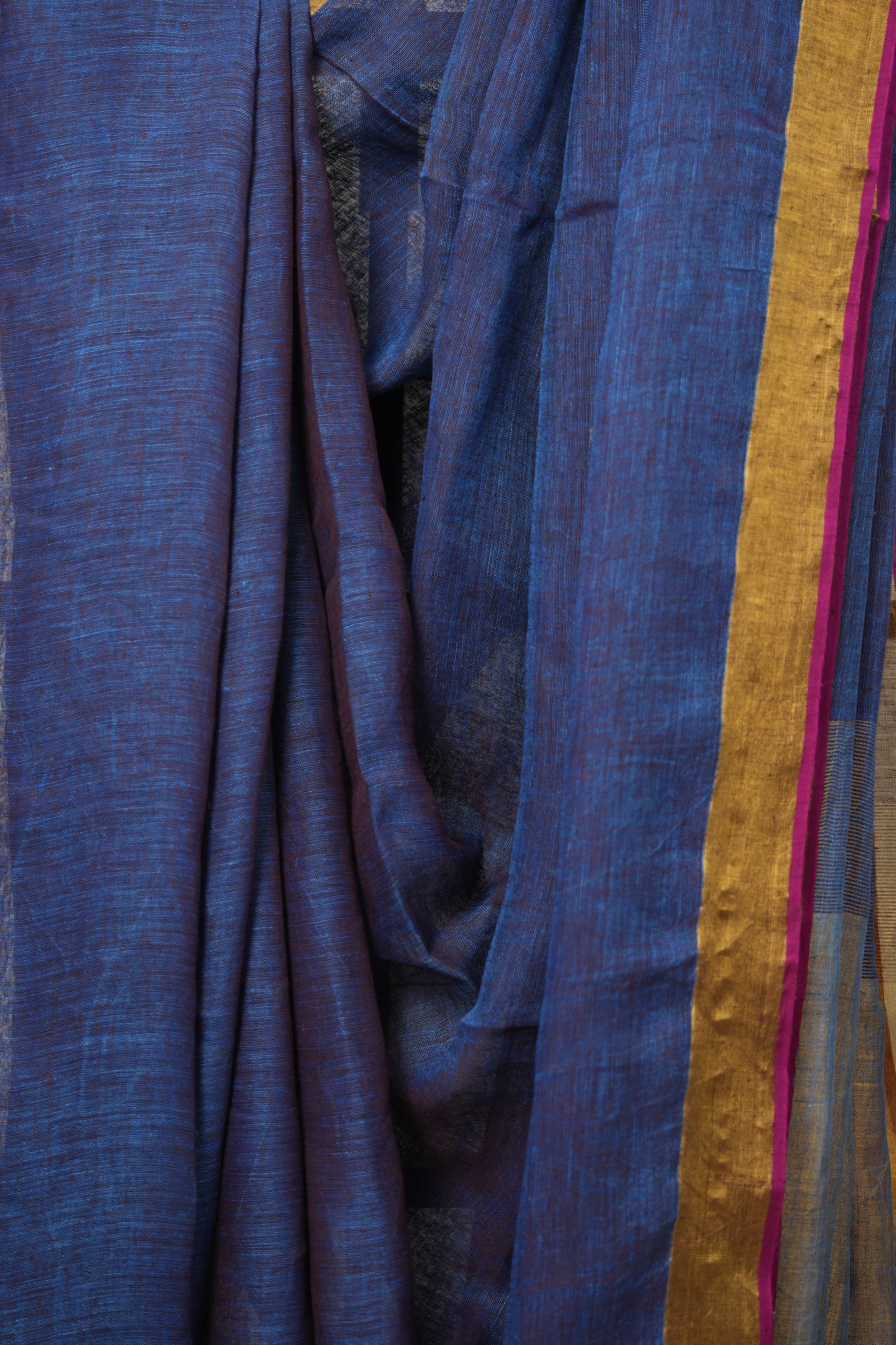 Indigo Gold Plain Linen Saree With Pink Tassels - SRIGPLS333
