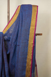 Indigo Gold Plain Linen Saree With Pink Tassels - SRIGPLS333