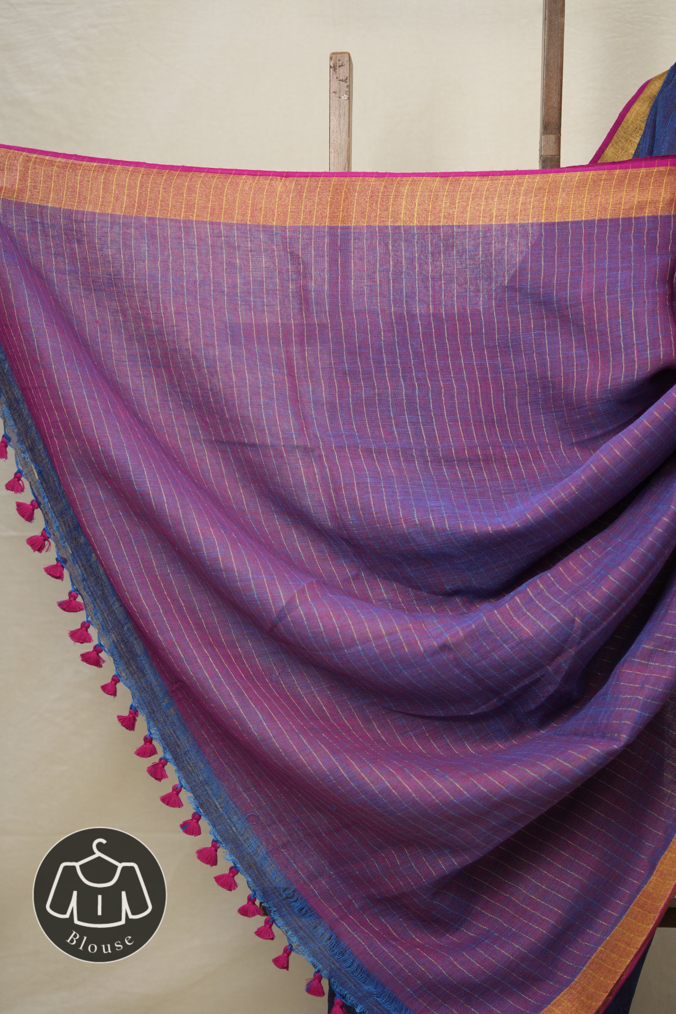 Indigo Gold Plain Linen Saree With Pink Tassels - SRIGPLS333