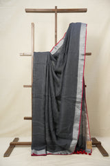 Grey Plain Linen Saree With Red Tassels - SRGPLS331