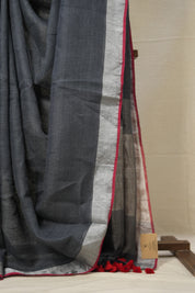 Grey Plain Linen Saree With Red Tassels - SRGPLS331