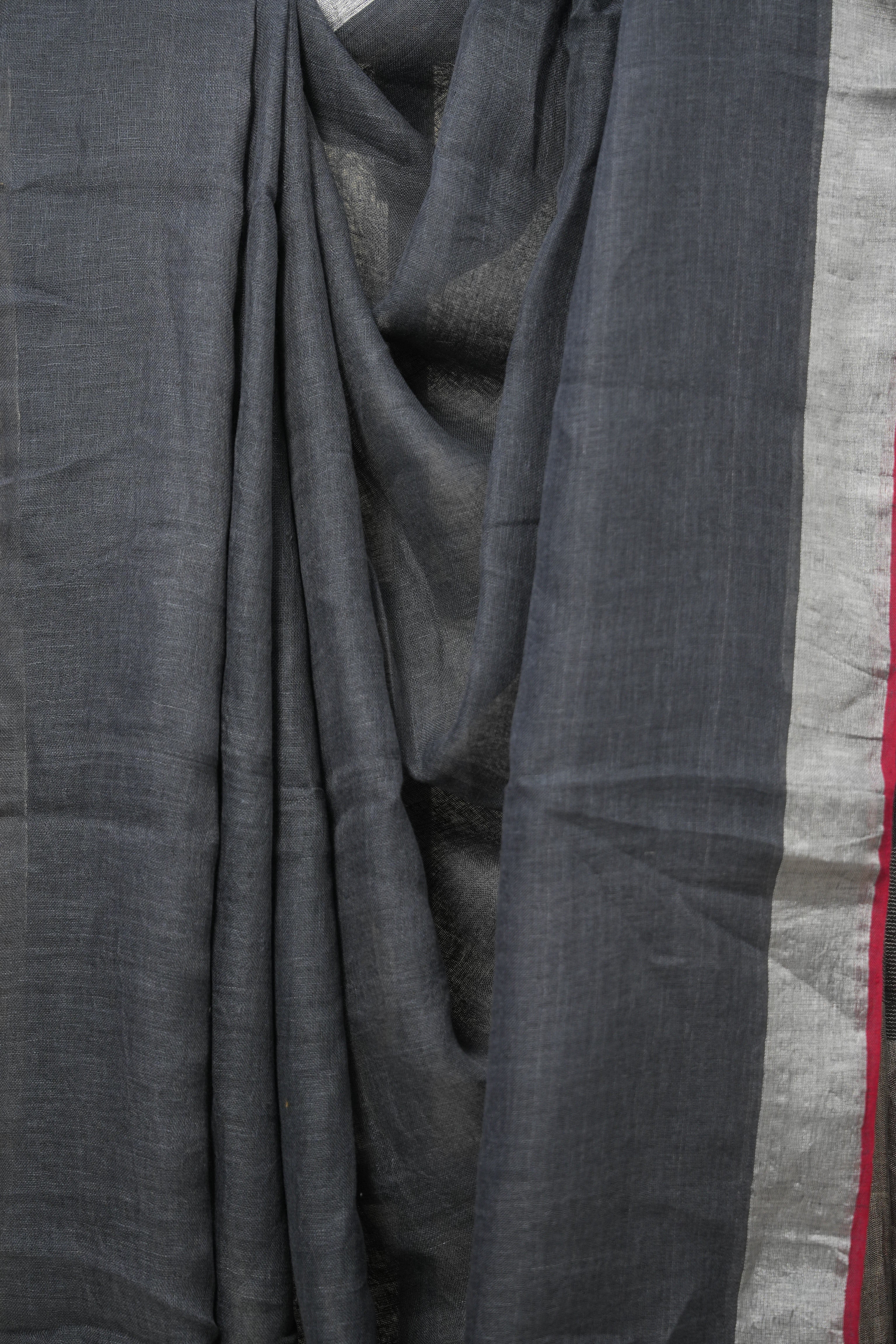 Grey Plain Linen Saree With Red Tassels - SRGPLS331