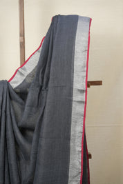 Grey Plain Linen Saree With Red Tassels - SRGPLS331