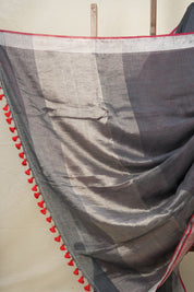 Grey Plain Linen Saree With Red Tassels - SRGPLS331