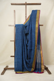 Indigo Blue Plain Linen Saree With Pink Tassels - SRIBPLS338