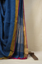 Indigo Blue Plain Linen Saree With Pink Tassels - SRIBPLS338