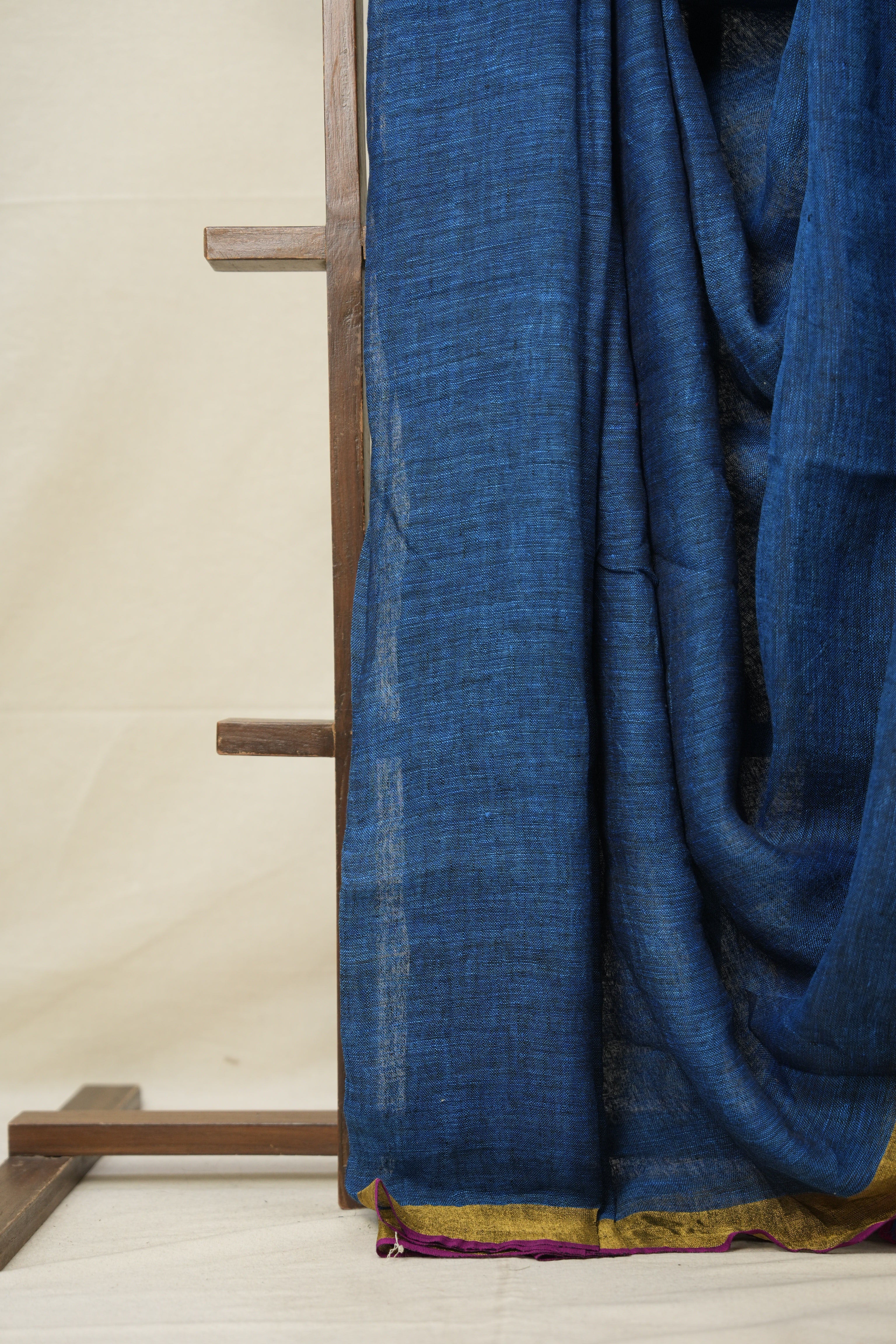 Indigo Blue Plain Linen Saree With Pink Tassels - SRIBPLS338