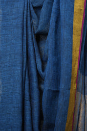 Indigo Blue Plain Linen Saree With Pink Tassels - SRIBPLS338