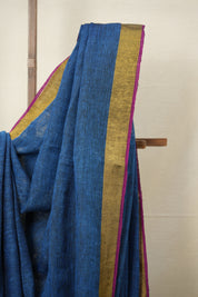 Indigo Blue Plain Linen Saree With Pink Tassels - SRIBPLS338