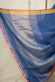 Indigo Blue Plain Linen Saree With Pink Tassels - SRIBPLS338
