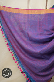 Indigo Blue Plain Linen Saree With Pink Tassels - SRIBPLS338