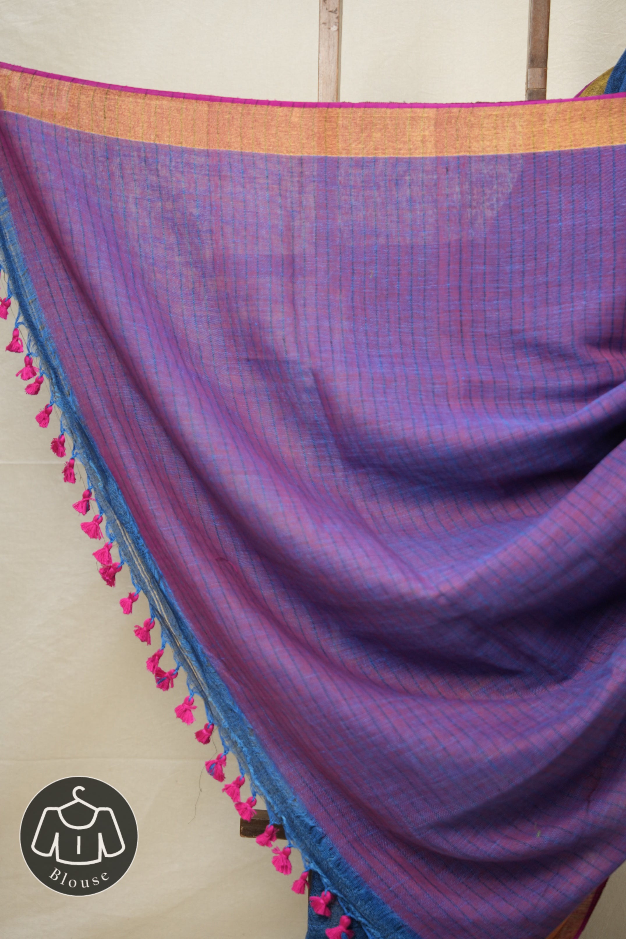 Indigo Blue Plain Linen Saree With Pink Tassels - SRIBPLS338