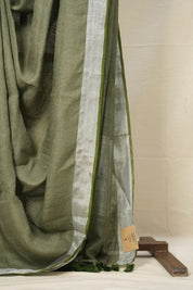 Powder Green Plain Linen Saree With Green Tassels - SRPGPLS334