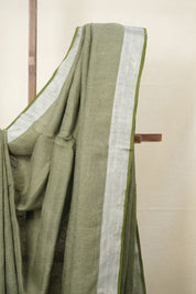 Powder Green Plain Linen Saree With Green Tassels - SRPGPLS334