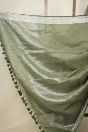 Powder Green Plain Linen Saree With Green Tassels - SRPGPLS334