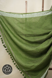 Powder Green Plain Linen Saree With Green Tassels - SRPGPLS334