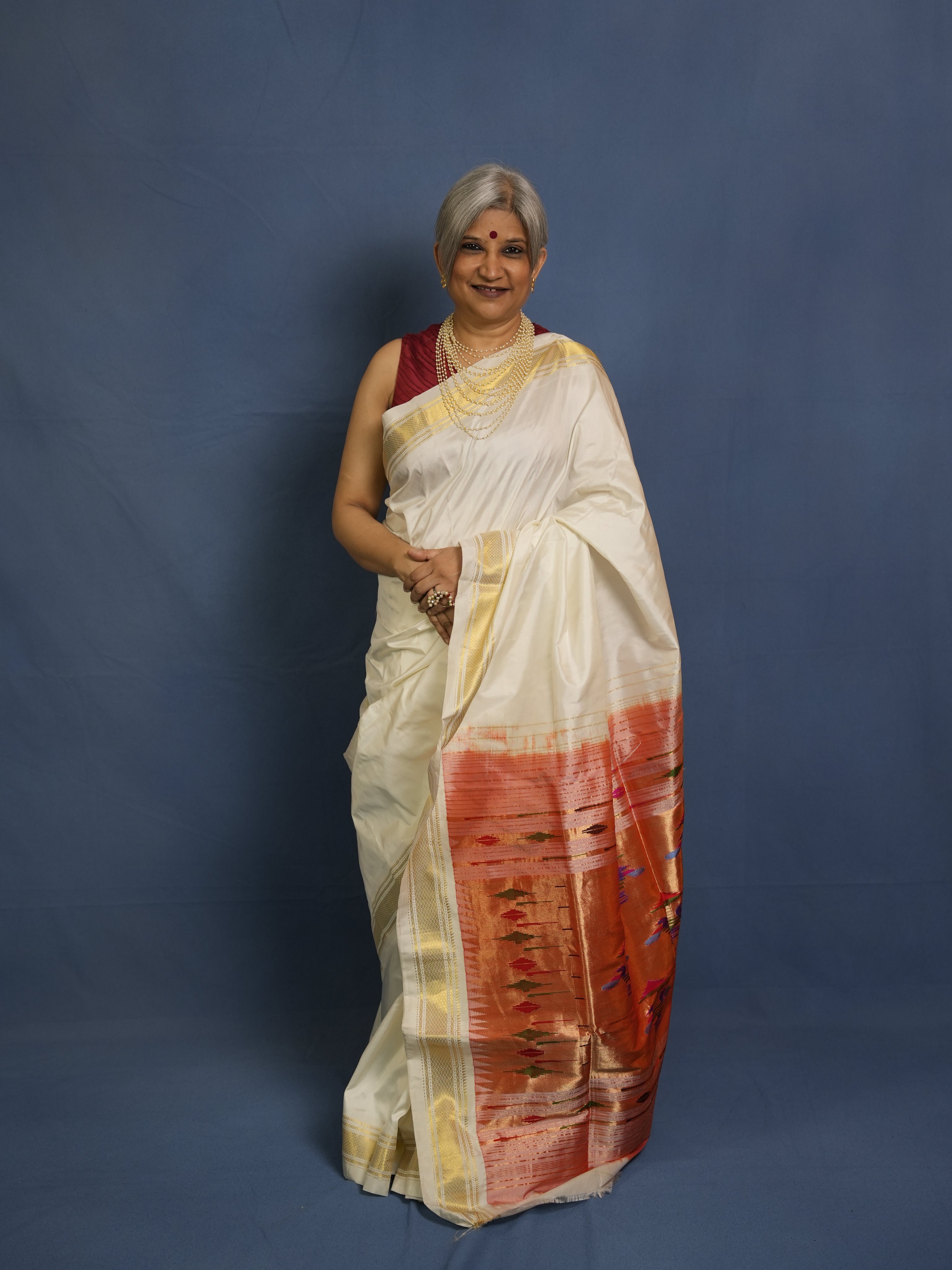 Milky White Silk Paithani Saree - SRMWSPS746