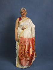 Milky White Silk Paithani Saree - SRMWSPS746
