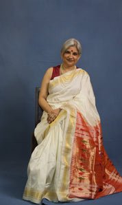 Milky White Silk Paithani Saree - SRMWSPS746