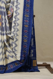 White- Blue Pochampalli Cotton Ikat Saree - SRWBPCIS659