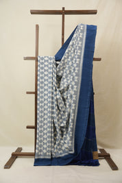 White - Teal Blue Pochampalli Cotton Ikat Saree - SRWTBPCIS669