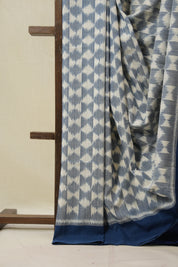 White - Teal Blue Pochampalli Cotton Ikat Saree - SRWTBPCIS669