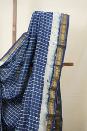 Indigo Checks HBP Cotton Silk Saree With Chanderi Border - SRICCSS1255