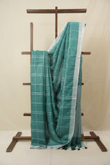Turquoise Green Linen Saree With Tassels - SRTGLS486