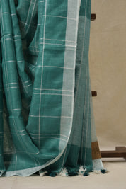 Turquoise Green Linen Saree With Tassels - SRTGLS486