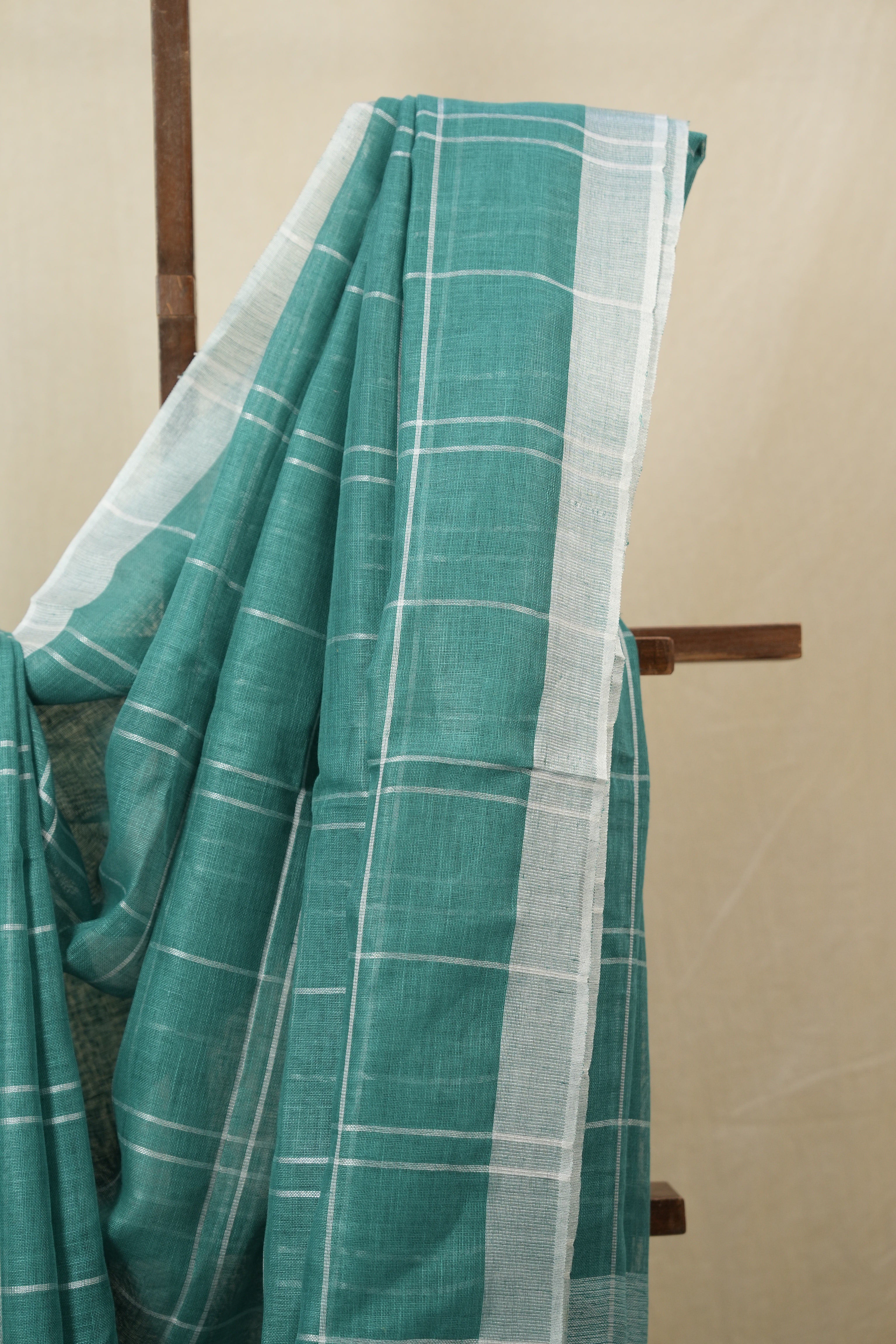 Turquoise Green Linen Saree With Tassels - SRTGLS486