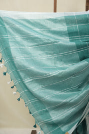 Turquoise Green Linen Saree With Tassels - SRTGLS486
