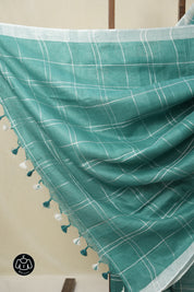 Turquoise Green Linen Saree With Tassels - SRTGLS486