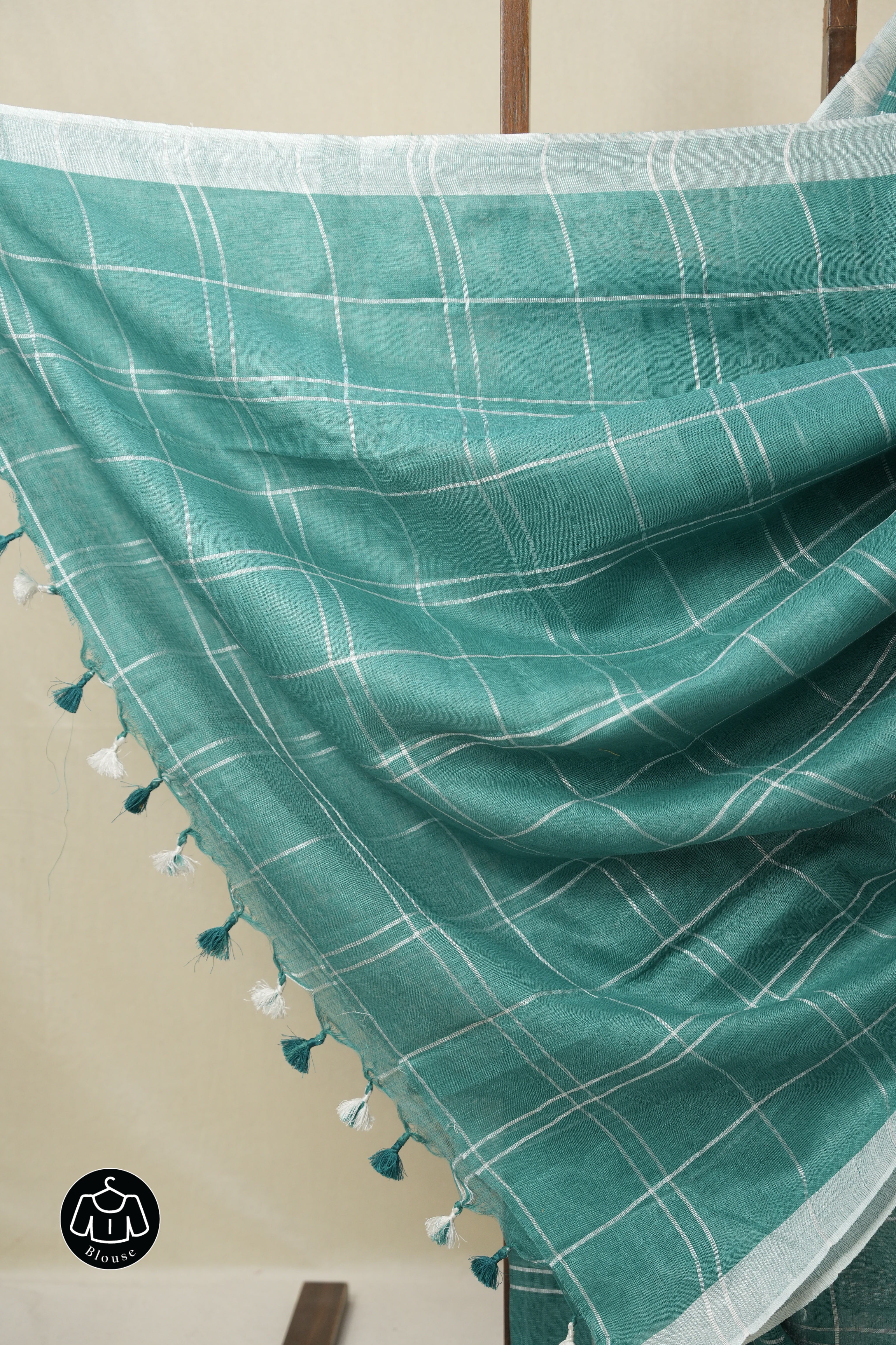 Turquoise Green Linen Saree With Tassels - SRTGLS486
