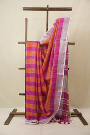 Multicolor Linen Saree With Tassels - SRMLS489