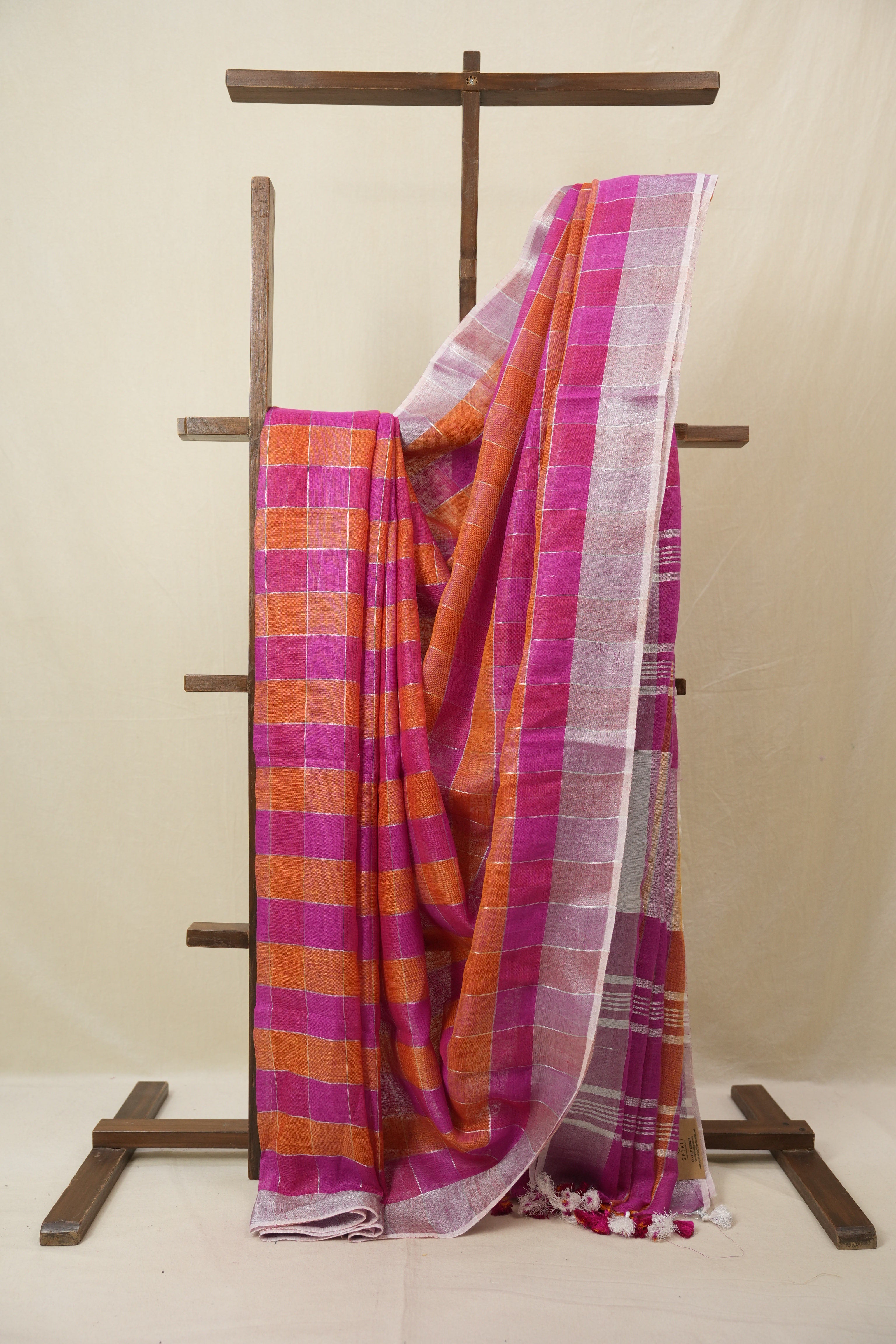 Multicolor Linen Saree With Tassels - SRMLS489