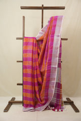 Multicolor Linen Saree With Tassels - SRMLS489
