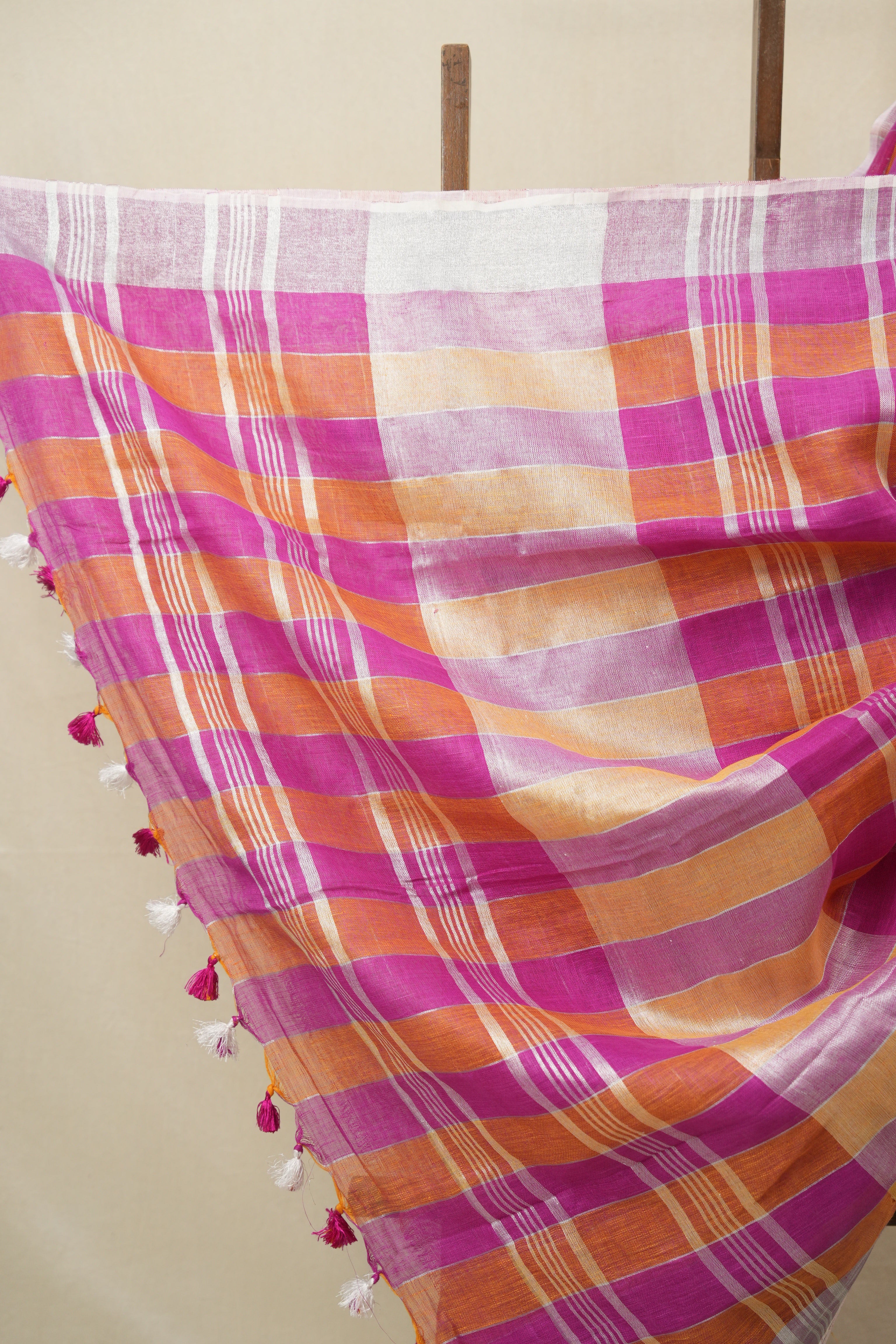 Multicolor Linen Saree With Tassels - SRMLS489